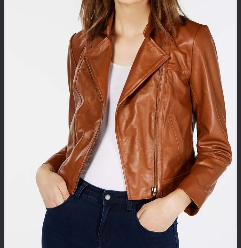 Michael Kors Lamb Leather Motorcycle Jacket XS Brown Tan